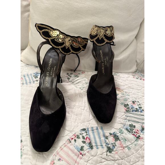 VINTAGE CHARLES JOURDAN PARIS SEQUIN ANKLE STRAP PUMPS SANDALS 4" HEEL SIZE 7B - Picture 1 of 8